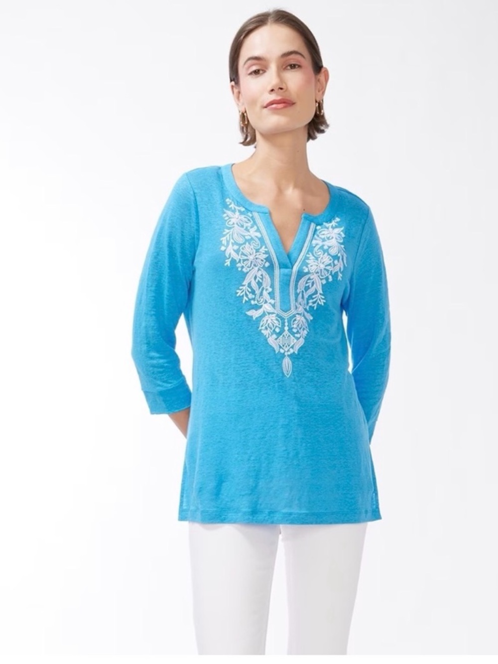 CHICO’S Soft Linen Embroidered Tunic in Poolside Blue Size 2 Large